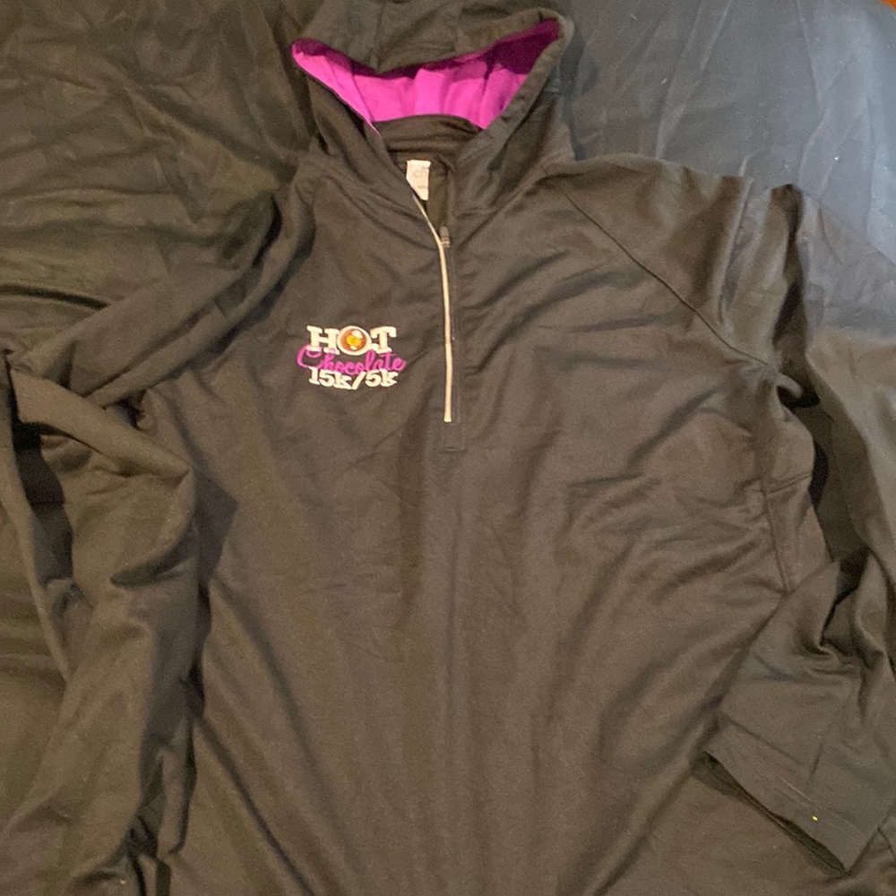 Will Run For Chocolate athletic  hoodie. Black with purple size extra large.